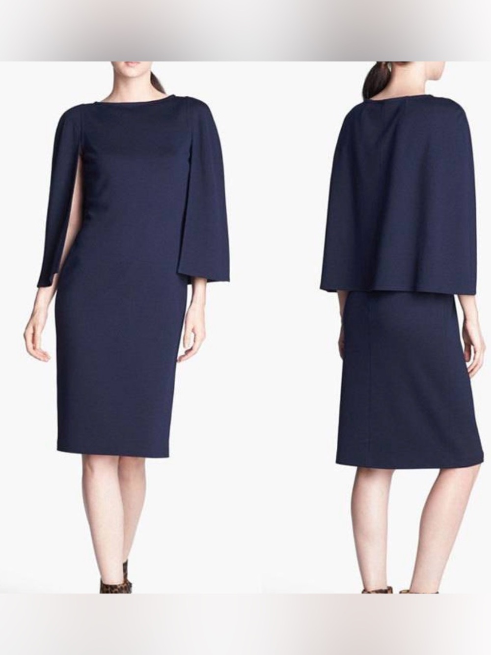 ST. JOHN NAVY BLUE SLEEVELESS KNIT DRESS WITH ATTACHED CAPE WOMENS MEDIUM